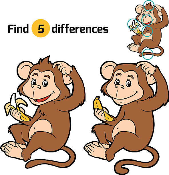 Game for children: find differences (little monkey) Game for children: find differences (little monkey with a banana) chimpanzee learning stock illustrations