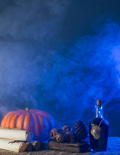 istock Group Of Halloween Objects Under Blue Fantastic Smoky Atmosphere 491752404