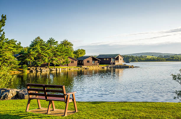 Holiday park with wooden lodges stock photo