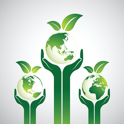 Hands Holding The Green Earth Globe with leaves ,Vector Illustration