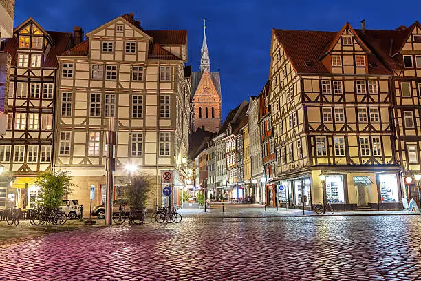 View from Holzmarkt square on half-timbered buildings of old town in Hannover, Germany