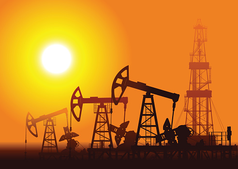 Oil pumps and rig over sunset. Detail vector illustration. 