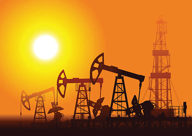 Oil pumps and rig over sunset. Oil pumps and rig over sunset. Detail vector illustration.  industry silhouettes stock illustrations