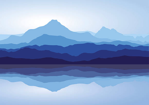 Blue mountains near lake Landscape with huge blue mountains with reflection in lake. Vector illustration.  mountain peak illustrations stock illustrations