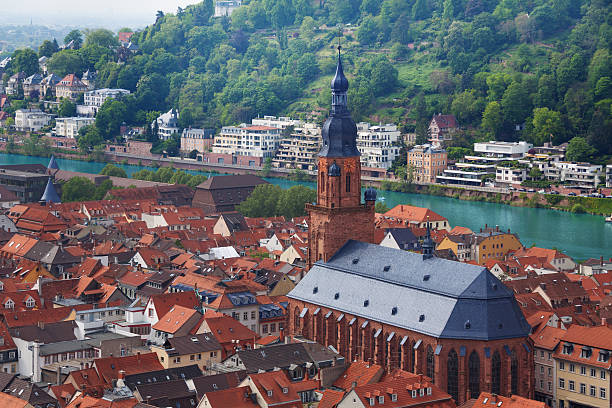 Beautiful Germany. Aerial view over Heidelberg town in Spring. City center including city cathedral, river Neckar and hills with forest.