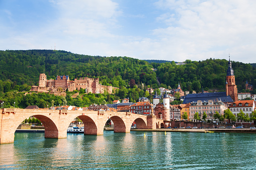 Beautiful view of Alte Brucke bridge, castle and Neckar river in Heidelberg during summer sunny day, Germany