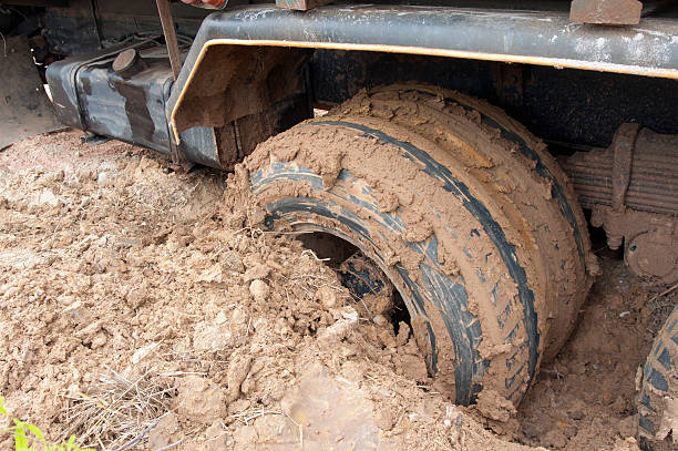 istock Truck tires down into the mud. 491762630