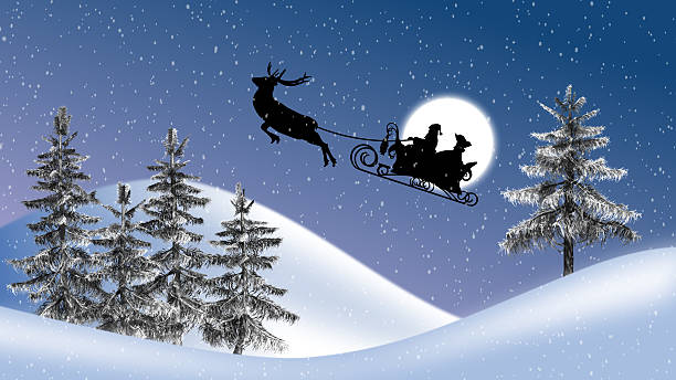 istock Santa claus with reindeers and sleigh, moon, trees and snowfall 491764882