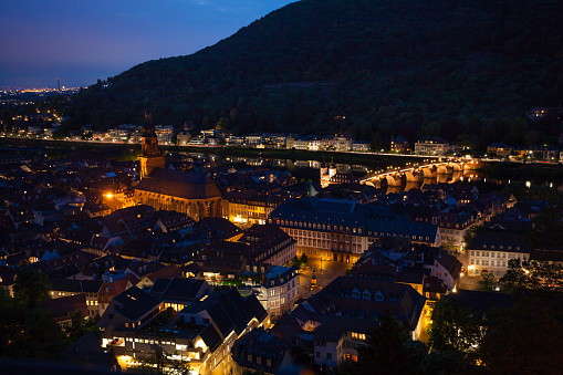 Panorama of town old part with Heiliggeistkirche and Alte Brucke bridge in Heidelberg, Germany
