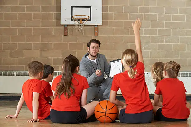 Photo of Coach Giving Team Talk To Elementary School Basketball Team