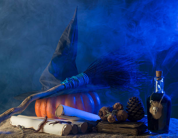 istock Group Of Halloween Objects Under Blue Fantastic Smoky Atmosphere 491766418