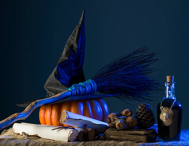 istock Group Of Halloween Objects Under Blue Fantastic Atmosphere 491766478