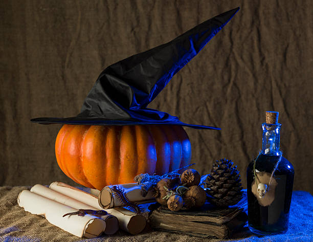istock Group Of Halloween Objects Under Blue Fantastic Atmosphere 491766536