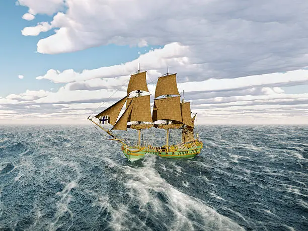 Computer generated 3D illustration with a 18th century corvette in the stormy ocean