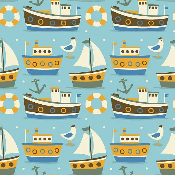 Vector illustration of Seamless pattern made with boats, ships, seagull and anchor