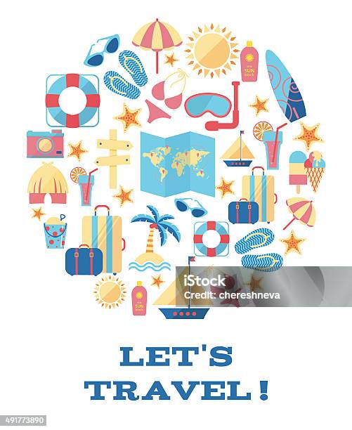 Lets Travel Vector Concept Stock Illustration - Download Image Now - 2015, Beach, Bikini