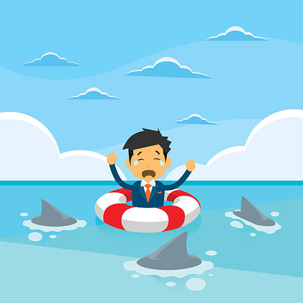 Businessman Sing Sea Water Lifebouy Sharks Around Concept Financial Crisis Businessman Sing Sea Water Lifebouy Sharks Around Concept Financial Crisis Flat Vector Illustration lifebouy stock illustrations