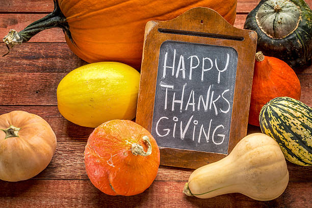 istock Happy Thanksgiving on blackboard with squash 491777214