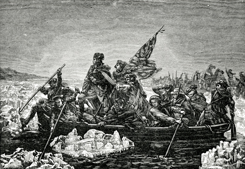 Engraving from 1882 featuring General George Washington crossing the Delaware River during the American Revolutionary War in 1776.  This engraving is based on a painting by Emanuel Leutze and was originally painted in 1851.