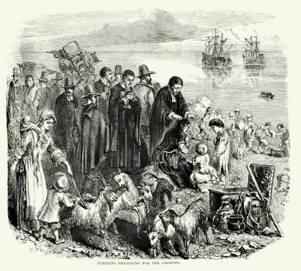 puritans, die sich für den kolonien - colonial style fotos stock-grafiken, -clipart, -cartoons und -symbole