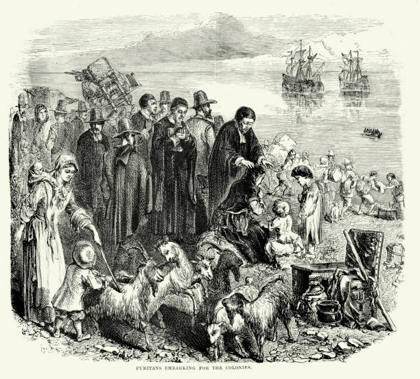 Puritans embarking for the Colonies English Puritans embarking for the Colonies in the New World colonial style photos stock illustrations