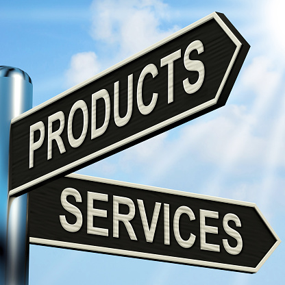 Products Services Signpost Showing Business Merchandise And Service