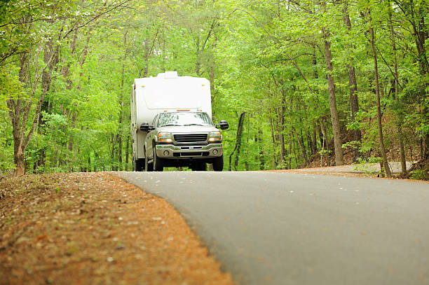 istock Towing rv fifth wheel up  hill 491785893