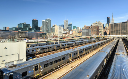 The West Side Train Yard for Pennsylvania Station in New York City from the Highline. View of the railcars for the Long Island Railroad. The future site of the Hudson Yards Redevelopment Project.