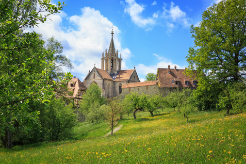 The village Bebenhausen with the monastery near Tuebingen, Baden-Wurttemberg, Germany.  Garden with wild flowers and fruit trees.