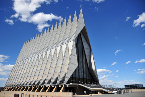 Colorado Springs, Colorado, USA: United States Air Force Academy Cadet Chapel - the triangular steel structure is a frame of 100 identical tetrahedrons - the building includes Protestant, Catholic, Jewish and Buddhist areas - modernist architecture by Walter Netschof Skidmore, Owings and Merrill - photo by M.Torres