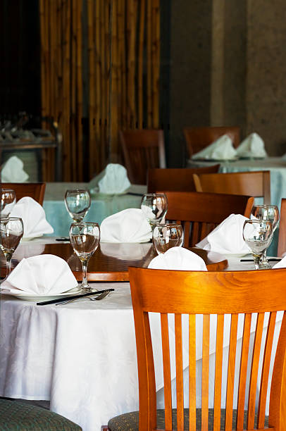 istock View to the restaurant with tables and chairs, copy space 491788991