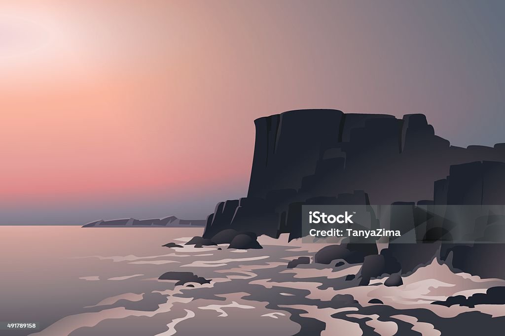 Rock on seashore. Beautiful seaseascape. Cartoon style. Postcard. Poster. Background. Vector illustration of beautiful sea landscape, with rocks on  seashore, big waves and the heavy mist in the background. Empty space leaves room for design elements, signs or text. Cliff stock vector