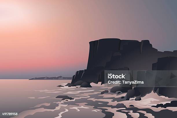 Rock On Seashore Beautiful Seaseascape Cartoon Style Postcard Poster Background Stock Illustration - Download Image Now