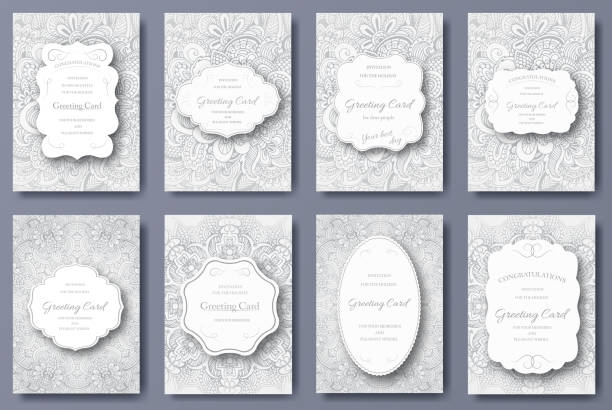 세트마다 웨딩 카드 고객 페이지수 장식. 예술직 번자체 - greeting card ornate decoration floral pattern stock illustrations