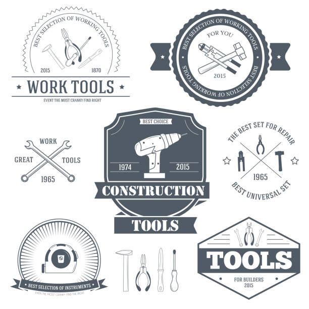 illustrazioni stock, clip art, cartoni animati e icone di tendenza di lavoro strumenti sagoma set di emblema etichetta elementi - hardware store work tool carpentry home improvement