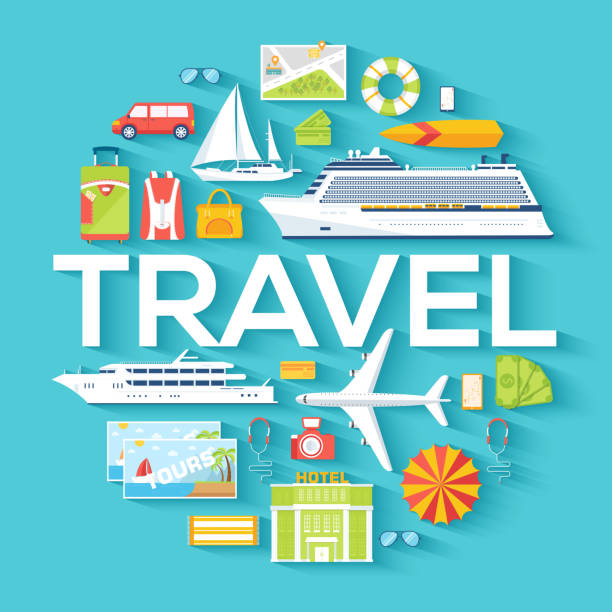 Travel circle infographics template concept. Icons design for your product Travel circle infographics template concept. Icons design for your product or design, web and mobile applications. Vector flat with long shadow illustration background yacht rock music stock illustrations