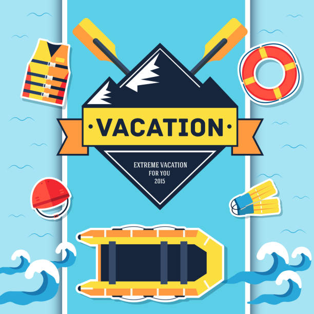 ilustraciones, imágenes clip art, dibujos animados e iconos de stock de rafting elementos sobre fondo azul póster de diseño de estilo adhesivo - teamwork rafting white water rafting inflatable raft
