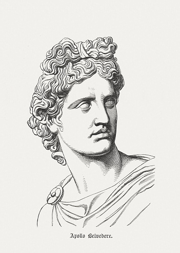 The Greek god Apollo. Woodcut engraving after an ancient sculpture (Apollo Belvedere) in the Museo Pio-Clementine, Vatican, published in 1878.