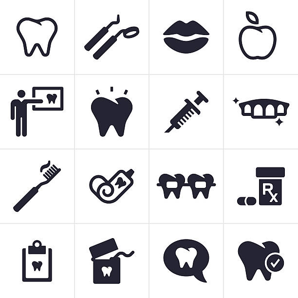 illustrazioni stock, clip art, cartoni animati e icone di tendenza di dentali e denti cura icone e simboli - human teeth immagine