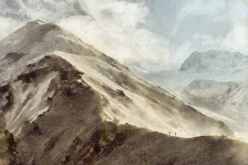 People hiking in Himalaya illustration oil painting