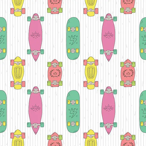 Vector illustration of Skateboards and longboards cartoon style vector seamless pattern.