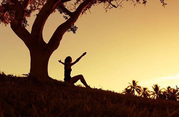 istock Silhouette of woman with hands raised into sunset 491803734