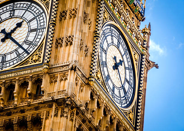 Close-up on Big Ben on a cloudy day Close-up on Big Ben, the clock at the British parliament, on a cloudy day clock tower photos stock pictures, royalty-free photos & images