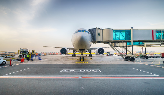 Jet aircraft docked in Dubai international airport