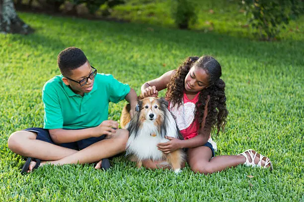 Photo of Teenage boy and sister petting their dog