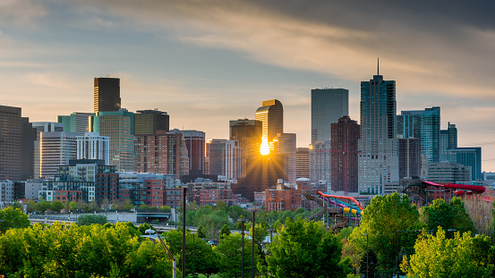 City of Denver Colorado with morning sun star