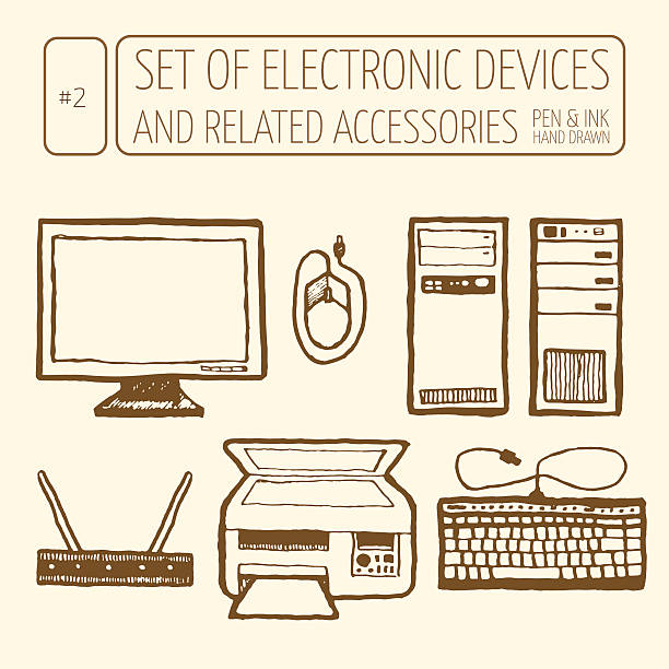 Set of electronic devices Icons set of electronic devices. Hand drawn, pen and ink. Line art. Vector eps 8 computer case stock illustrations