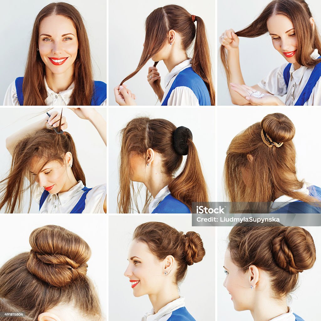 Photo Instruction For Making A Updo With Long Hair Stock Photo - Download  Image Now - Cabin Crew, Human Hair, Hair Bun - iStock