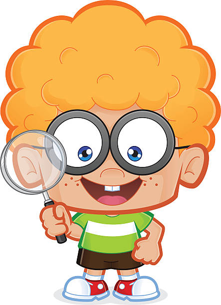 зануда мальчик, держа увеличительное стекло - low scale magnification magnifying glass vector glass stock illustrations