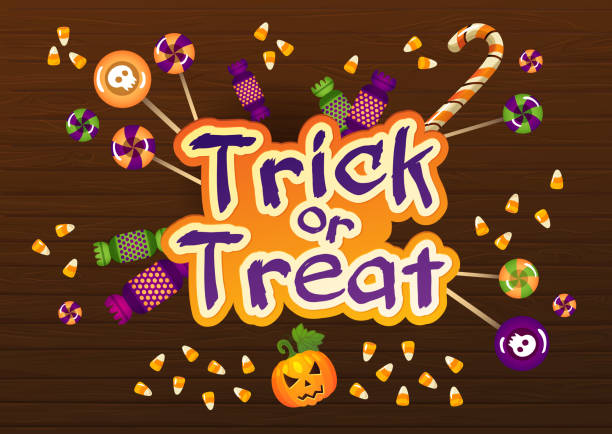 ilustraciones, imágenes clip art, dibujos animados e iconos de stock de happy halloween trick or treat tarjeta de felicitación con dulces en - vile